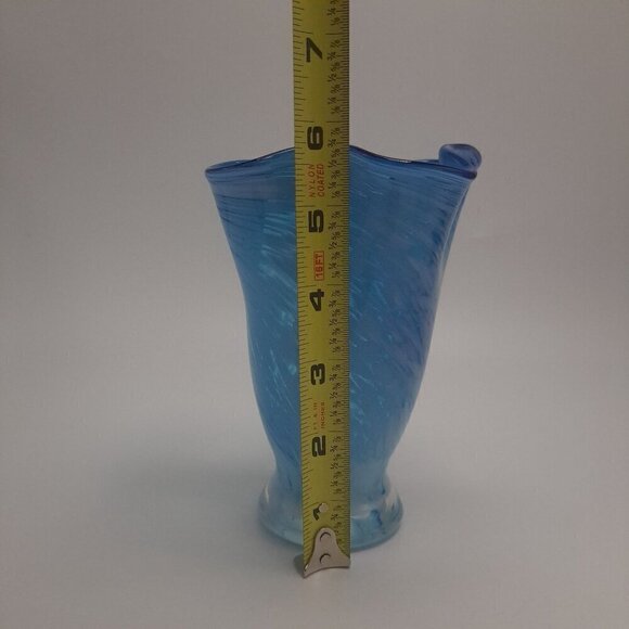 Vintage Blown Glass Swung Ruffled Blue Vase - Picture 6 of 7